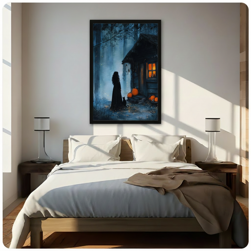 Framed gothic Halloween canvas print of a witch silhouette and black cat standing before a misty forest cabin with amber-lit windows and orange pumpkins, hung as a dramatic statement wall art piece above a bed in a sunlit modern bedroom
