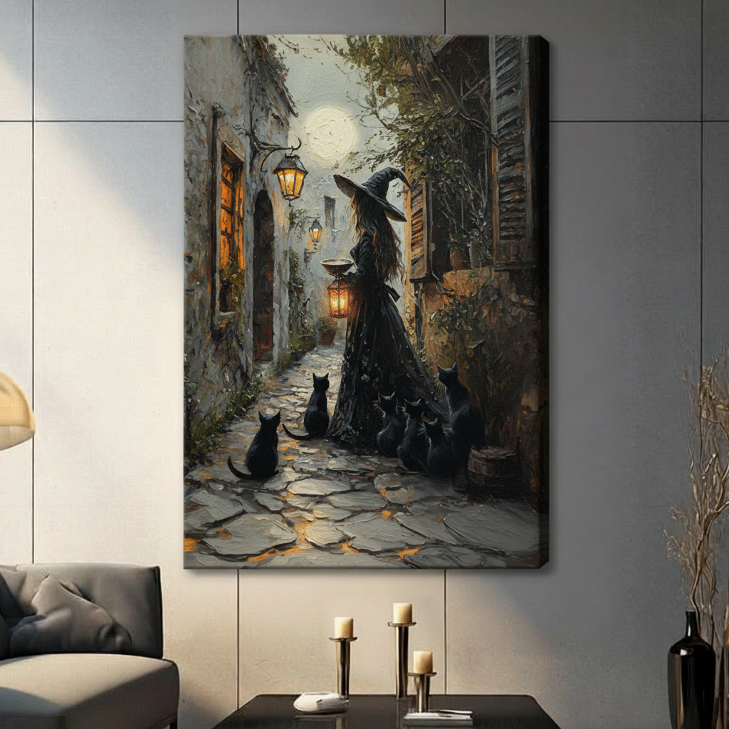 Mysterious witch and black cats cobblestone alley canvas wrap wall art hung in a contemporary living room with gray tile wall and warm ambient lighting