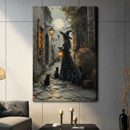 Mysterious witch and black cats cobblestone alley canvas wrap wall art hung in a contemporary living room with gray tile wall and warm ambient lighting