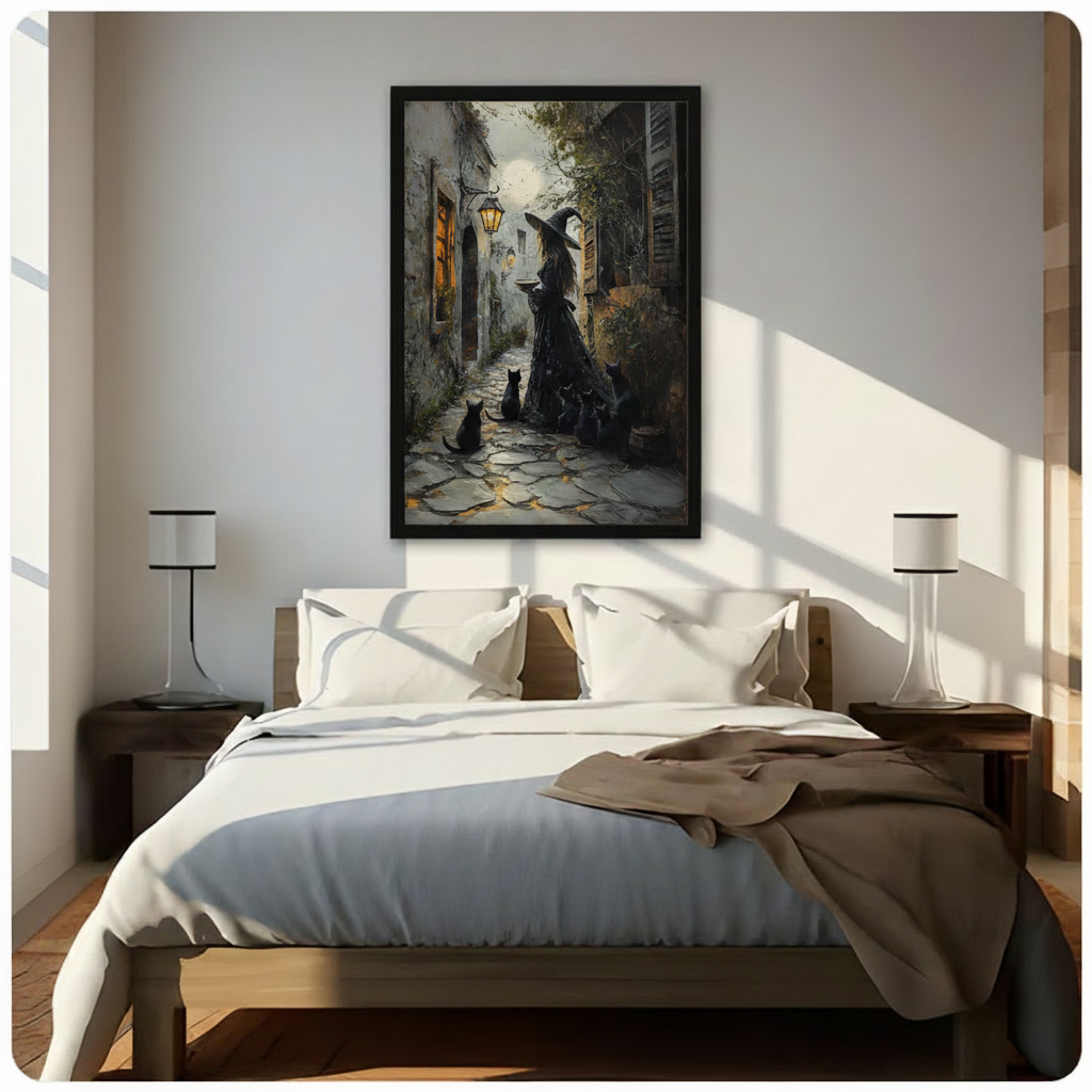 Gothic witch moonlit alley canvas wall art in black frame above a wooden bed with white linen bedding, a taupe throw blanket, and matching bedside lamps in a sunlit minimalist bedroom