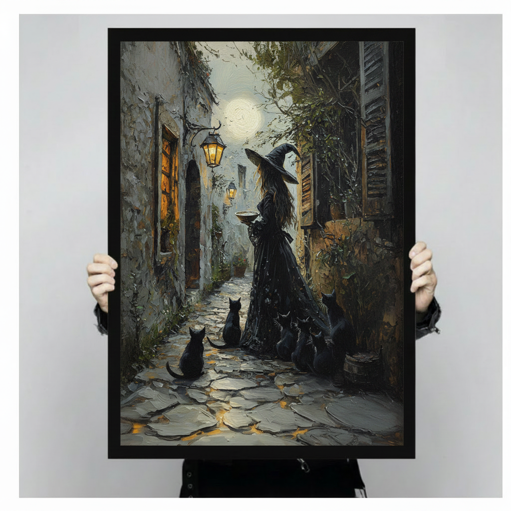 Witch and black cats lantern alley framed canvas print held up against a light gray background showing full gothic oil painting detail