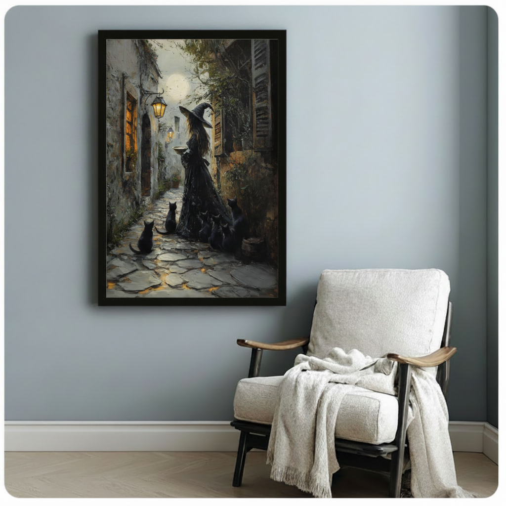 Gothic moonlit witch oil painting framed print on a blue-gray wall beside a white linen armchair with a cozy throw blanket in a reading corner