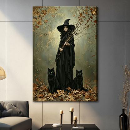 Stretched canvas gothic witch and black cats in autumn forest wall art, gallery-wrapped dark fantasy illustration displayed in moody living room above console table