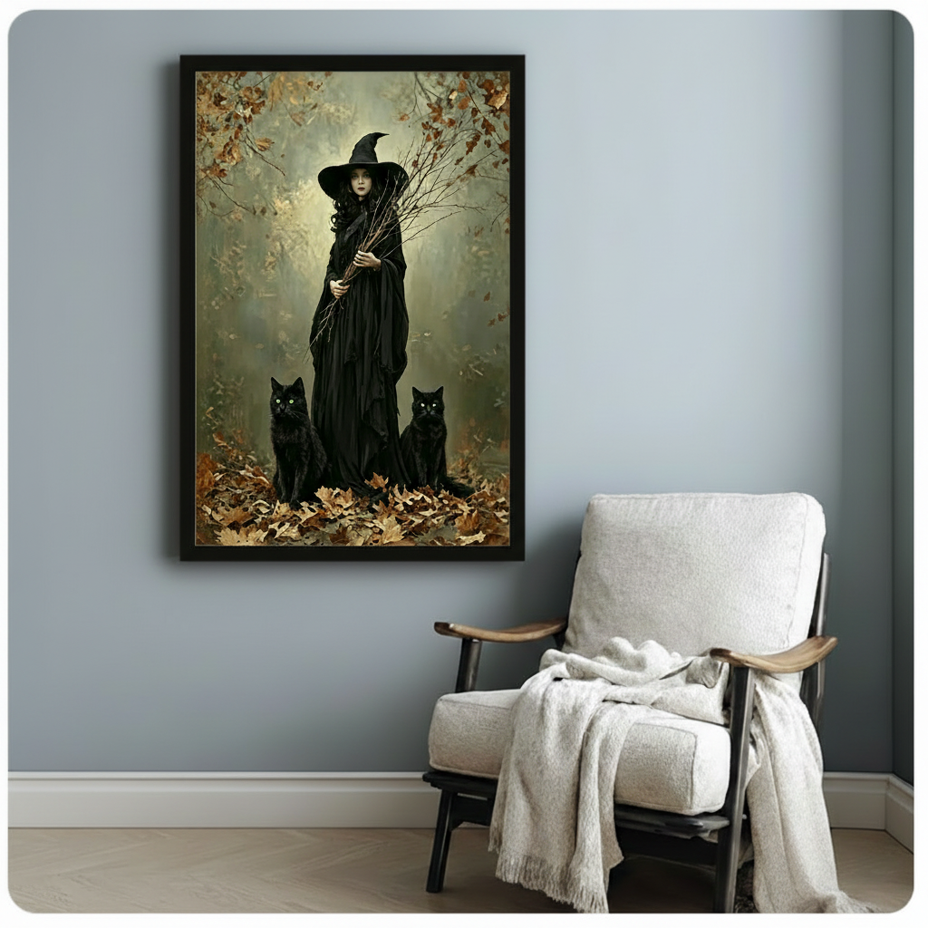 Gothic witch with two black cats autumn leaves framed art print in black frame on blue-gray wall beside white armchair, dark fantasy wall decor for reading nook or bedroom