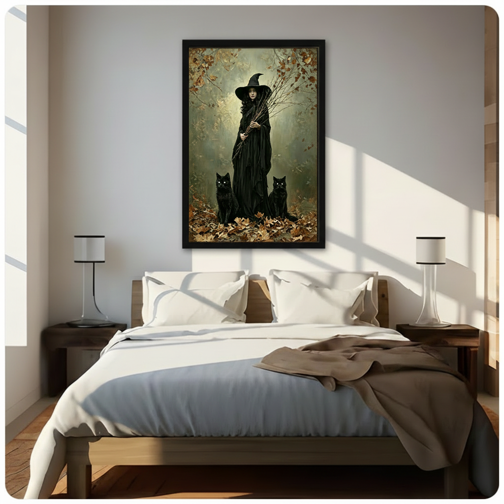 Gothic witch with two black cats framed canvas wall art in black frame above wooden bed with white linen bedding, dark autumn forest fantasy print for bedroom statement wall