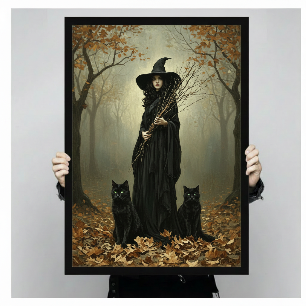 Dark gothic witch black cats autumn forest art print held up showing full artwork and size, vintage-style dark fantasy illustration in black frame against neutral gray background