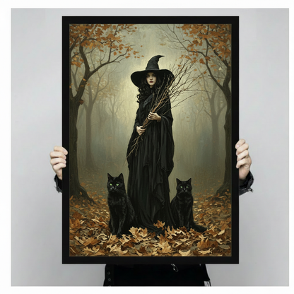 Dark gothic witch black cats autumn forest art print held up showing full artwork and size, vintage-style dark fantasy illustration in black frame against neutral gray background