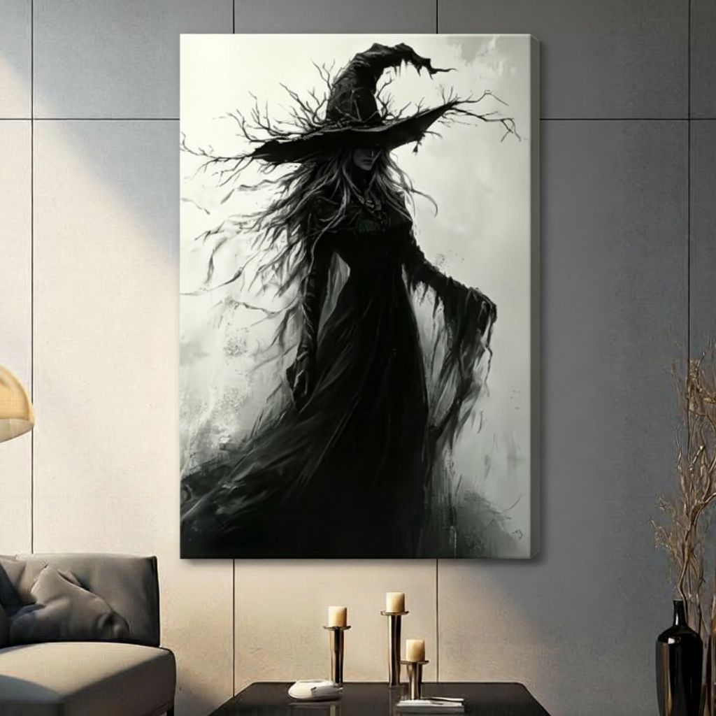 Gallery wrap stretched canvas of a dark gothic witch with a decayed pointed hat growing gnarled dead branches her shadowed face half-hidden beneath the brim and a ragged black dress billowing in the wind dramatic monochrome dark fantasy oil painting on smoky white background hung frameless on a gray tile wall