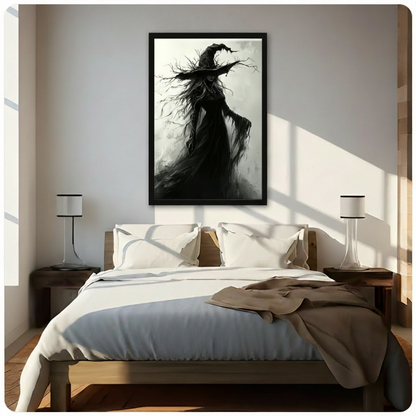 Black framed haunting gothic witch in a wind-torn black dress with a wide brim hat overgrown with bare dead branches and long hair dissolving into twisting twigs dark fantasy monochrome oil painting canvas wall art on misty white background hung in bright diagonal sunlight above a dark wood bed with white linen bedding