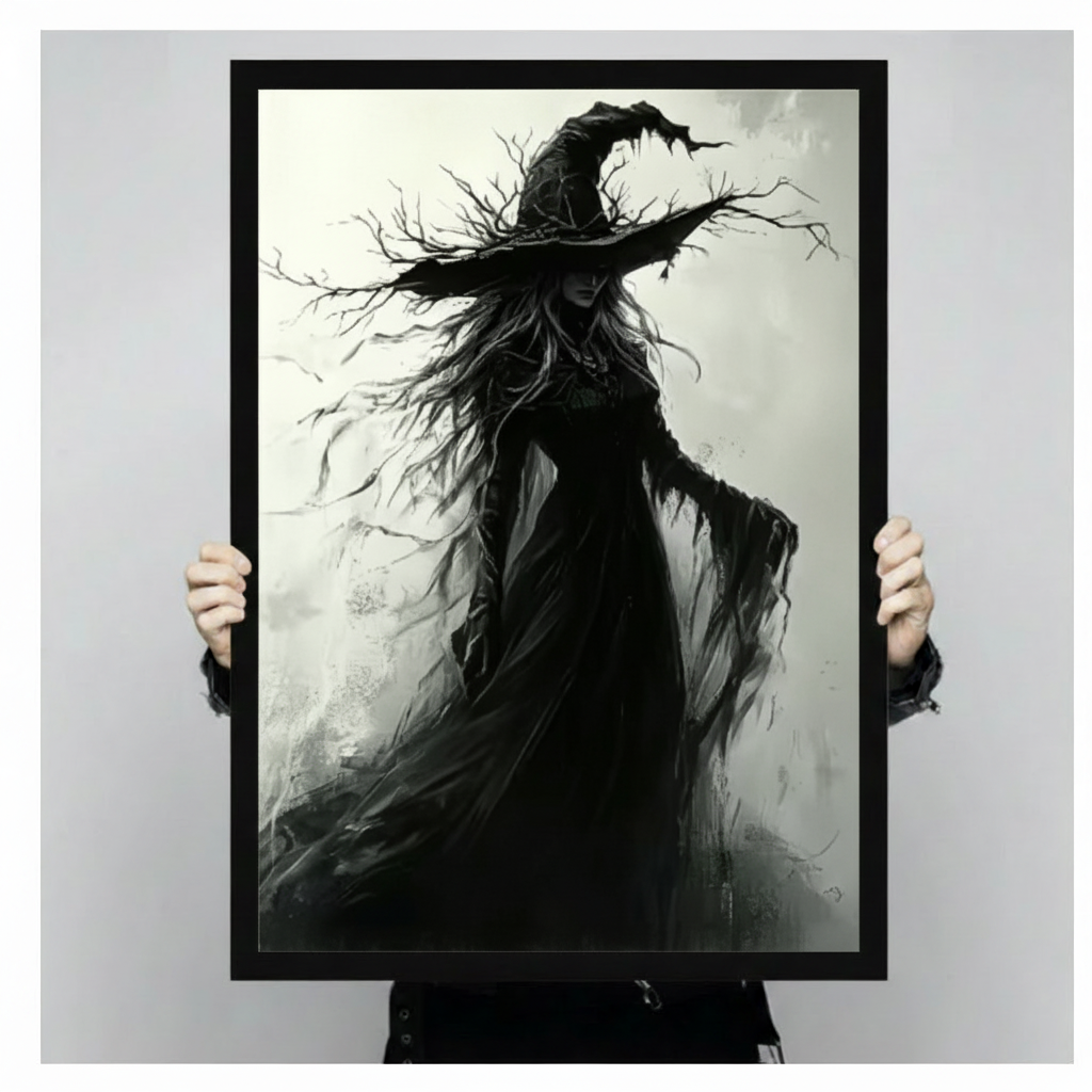 Two hands holding a large black framed gothic dark fantasy witch with a dead branch pointed hat windswept tangled hair and a tattered flowing black gown dramatic monochrome oil painting canvas art print on smoky white gray background, front-facing vertical product size display