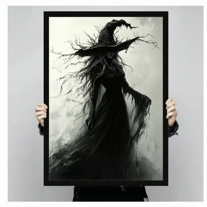 Two hands holding a large black framed gothic dark fantasy witch with a dead branch pointed hat windswept tangled hair and a tattered flowing black gown dramatic monochrome oil painting canvas art print on smoky white gray background, front-facing vertical product size display