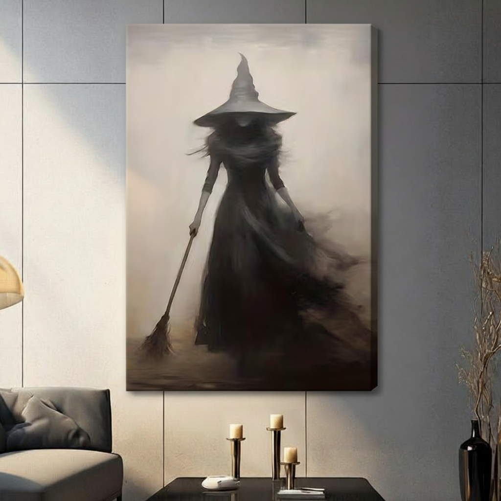 Dark fantasy witch silhouette in flowing black dress and pointed hat canvas wrap wall art hung in a contemporary living room with gray tile wall and warm candlelight ambient lighting