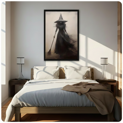 Gothic witch broom silhouette canvas wall art in black frame above a wooden bed with white linen bedding, a taupe throw blanket, and matching bedside lamps in a sunlit minimalist bedroom