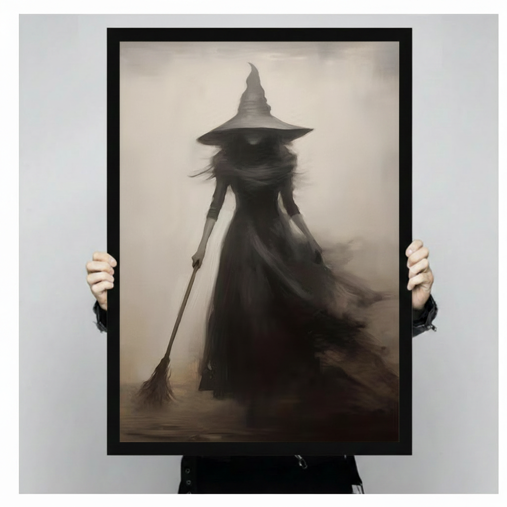 Faceless witch in wide-brim pointed hat dragging broom framed canvas print held up against a light gray background showing full gothic sepia oil painting detail
