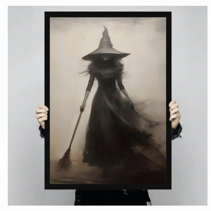 Faceless witch in wide-brim pointed hat dragging broom framed canvas print held up against a light gray background showing full gothic sepia oil painting detail