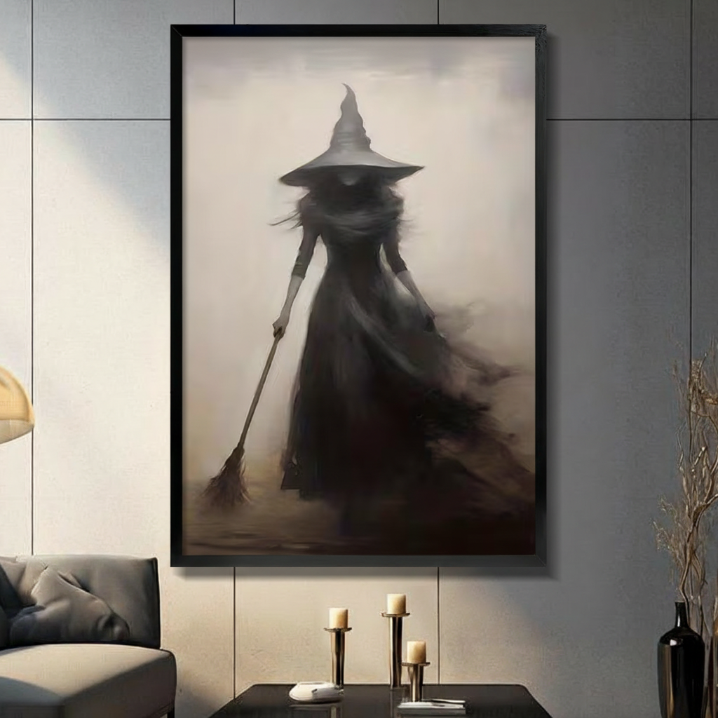Gothic faceless witch in black dress holding a broom framed canvas art on a gray tile wall above candlesticks in a moody modern living room with charcoal sofa
