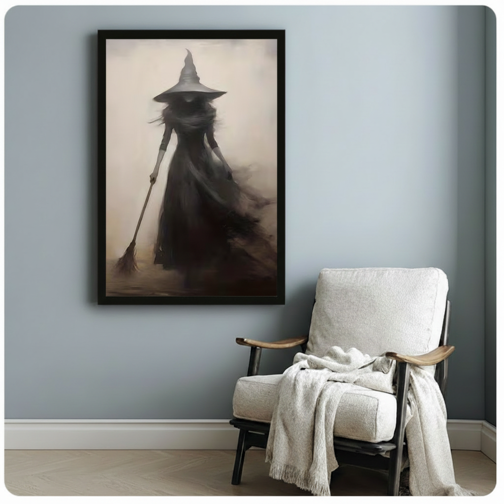 Mysterious gothic witch broom silhouette oil painting framed print on a blue-gray wall beside a white linen armchair with a cozy throw blanket in a reading corner