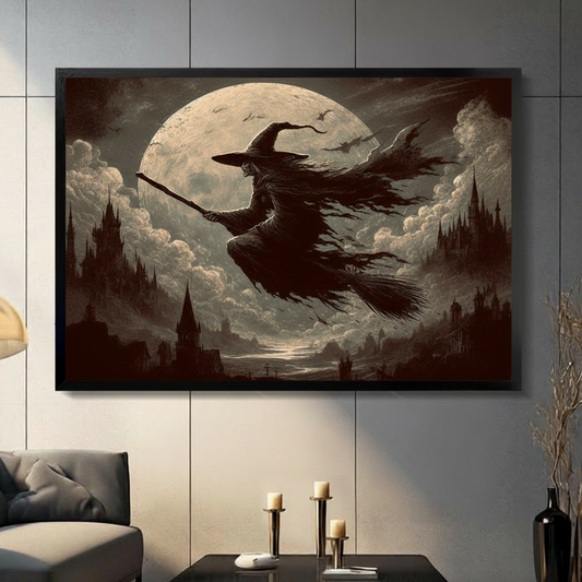 Gothic witch flying on broomstick over full moon dark castle sepia vintage oil painting art print in black frame above console in moody living room