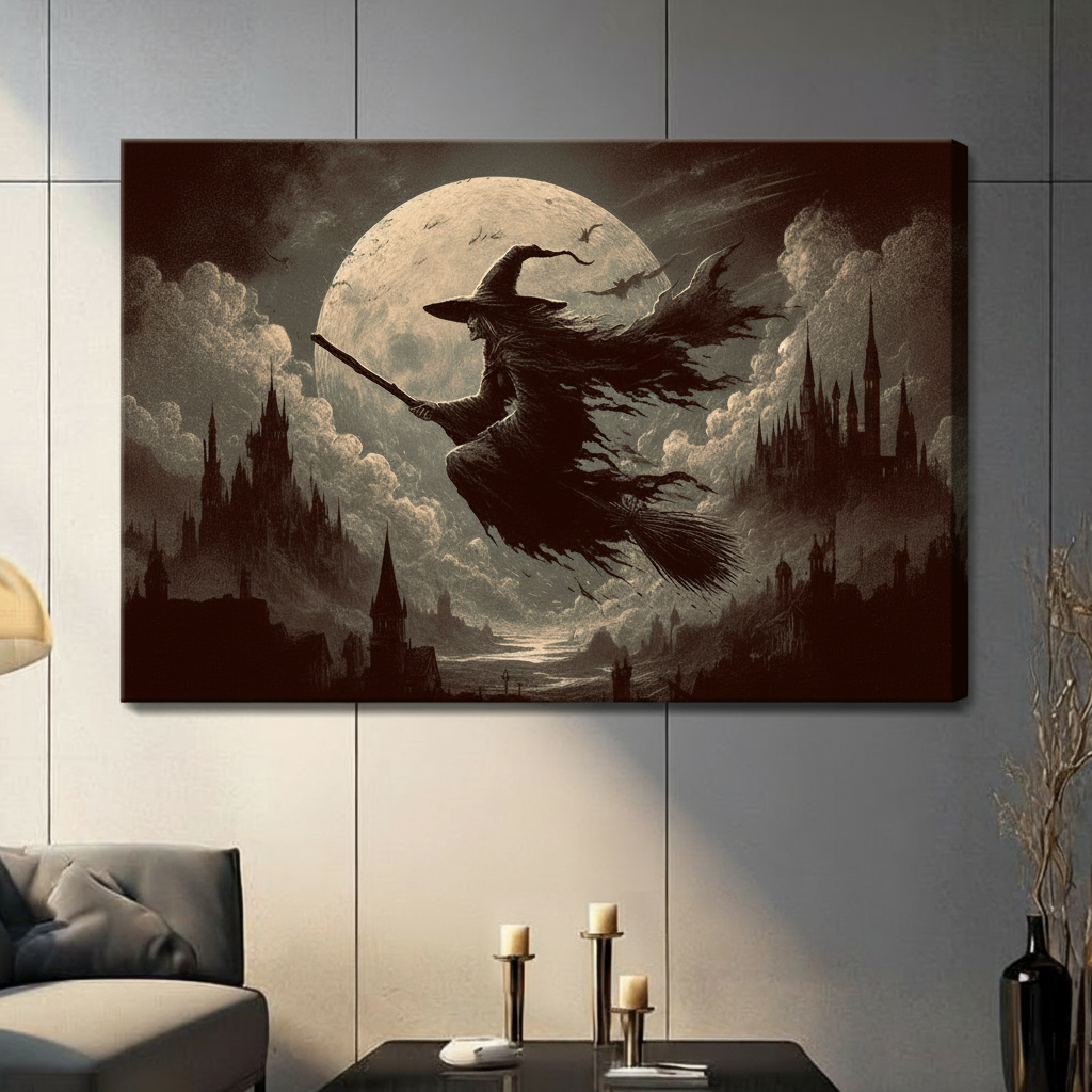 Gallery wrapped canvas of vintage gothic witch on broomstick soaring over full moon and dark castle spires in sepia brown tones above sofa in living room