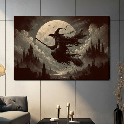 Gallery wrapped canvas of vintage gothic witch on broomstick soaring over full moon and dark castle spires in sepia brown tones above sofa in living room
