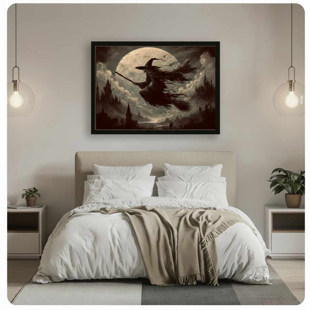Black framed gothic witch on broomstick flying over full moon dark castle atmospheric sepia painting centered above bed as dramatic bedroom wall decor