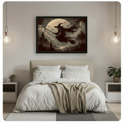 Black framed gothic witch on broomstick flying over full moon dark castle atmospheric sepia painting centered above bed as dramatic bedroom wall decor