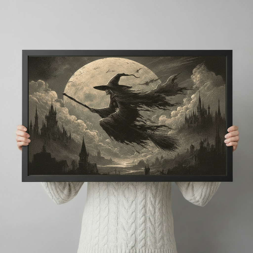 Person holding large black framed gothic witch broomstick full moon castle sepia vintage painting print showing horizontal artwork size and scale