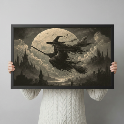 Person holding large black framed gothic witch broomstick full moon castle sepia vintage painting print showing horizontal artwork size and scale