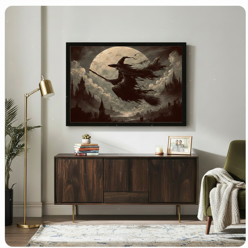 Black framed vintage gothic witch broomstick full moon and castle spires sepia oil painting wall art above dark wood sideboard in eclectic living room