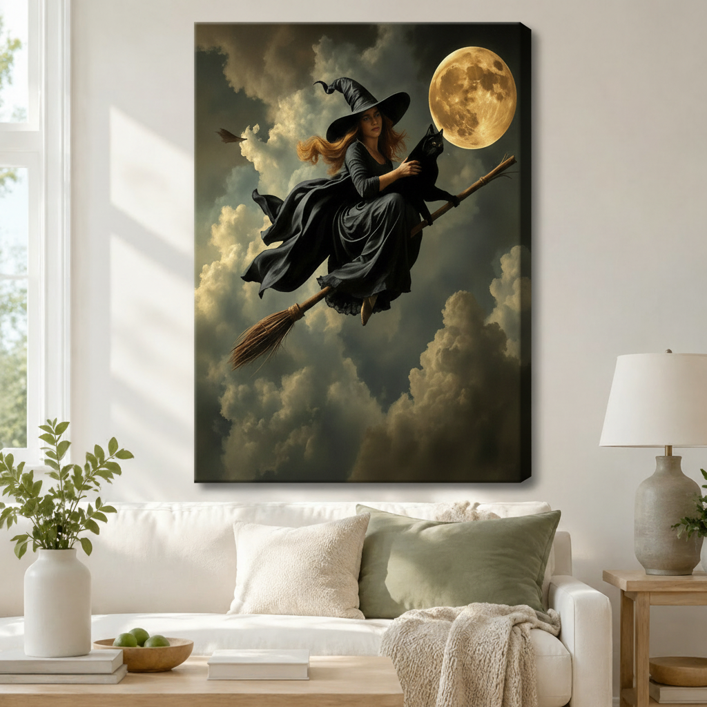 Gallery wrap canvas featuring a gothic witch soaring on a broomstick holding a black cat beneath a glowing full moon in moody oil painting style, hung above a white linen sofa in a cozy neutral living room
