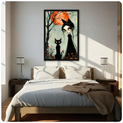 Gothic witch and black cat canvas wall art above white bed with table lamps — moody halloween illustration for bedroom accent wall