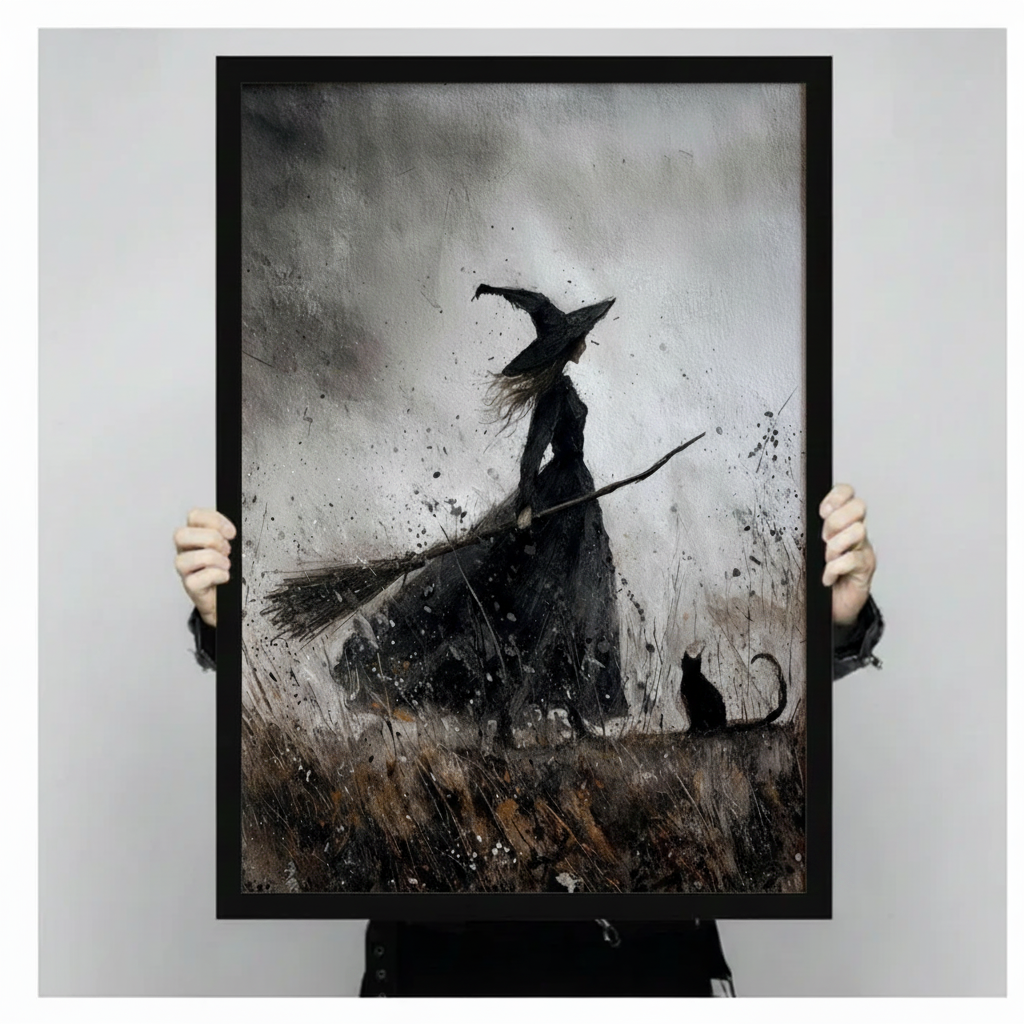 Hands holding gothic witch and black cat canvas print against light gray background — dark moody wall art product display shot
