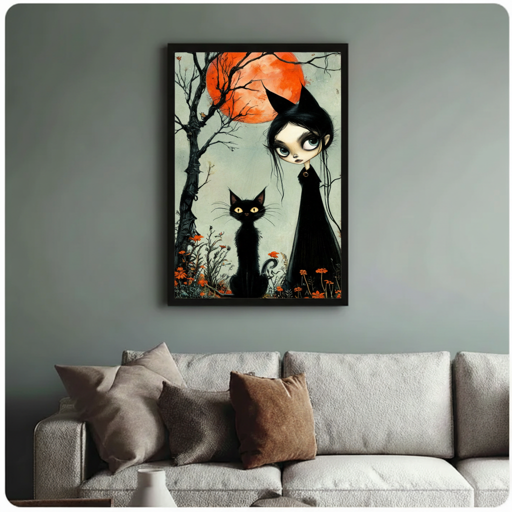 Gothic big-eyed witch canvas art on sage green wall above light gray sofa — spooky eclectic halloween print for living room decor