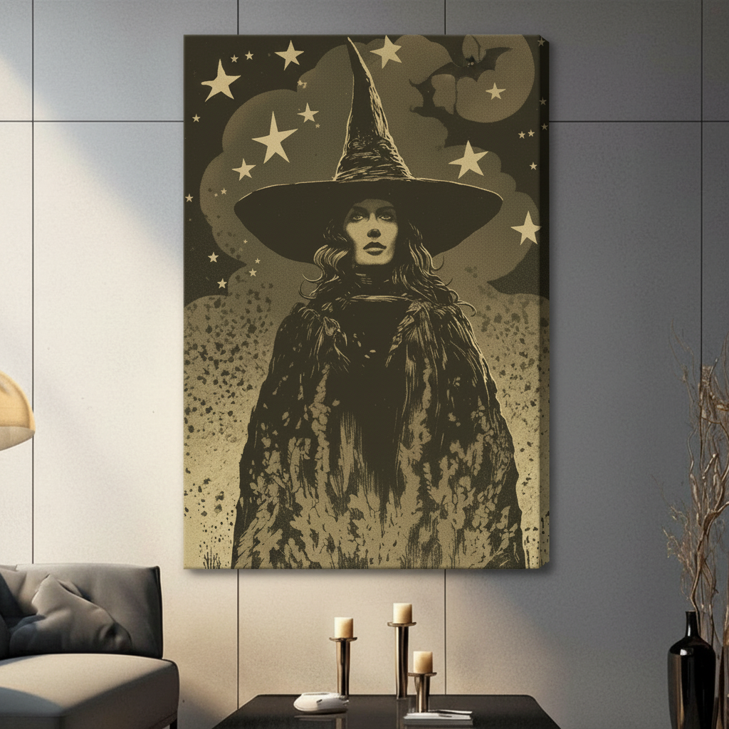 Gothic witch with star-filled sky canvas wrap art hanging in dark elegant living room interior