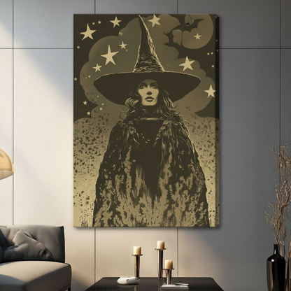 Gothic witch with star-filled sky canvas wrap art hanging in dark elegant living room interior
