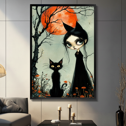Gothic witch and black cat black framed canvas wall art above dark gray sofa — moody halloween illustration for modern living room