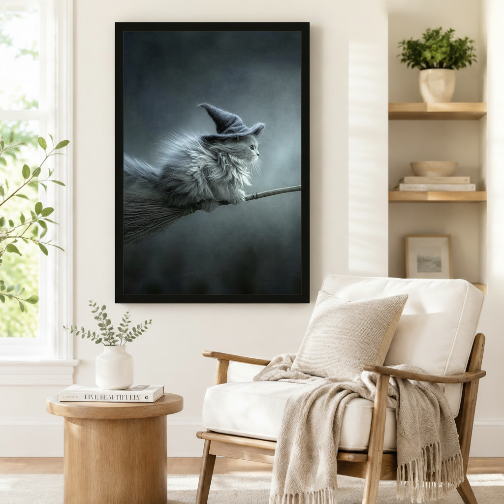 Dark fantasy framed wall art print of a long-haired gray cat with a pointed witch hat perched on a broomstick, styled beside an armchair in a cozy Scandinavian reading corner