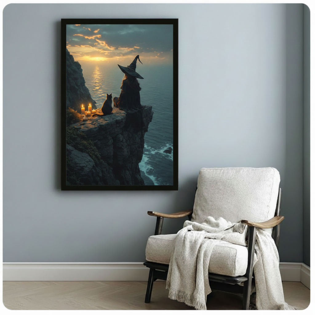 Gothic fantasy framed wall art print of a witch and cat by candlelight on a sea cliff, styled in a cozy minimalist reading nook