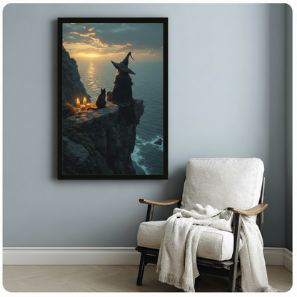 Gothic fantasy framed wall art print of a witch and cat by candlelight on a sea cliff, styled in a cozy minimalist reading nook