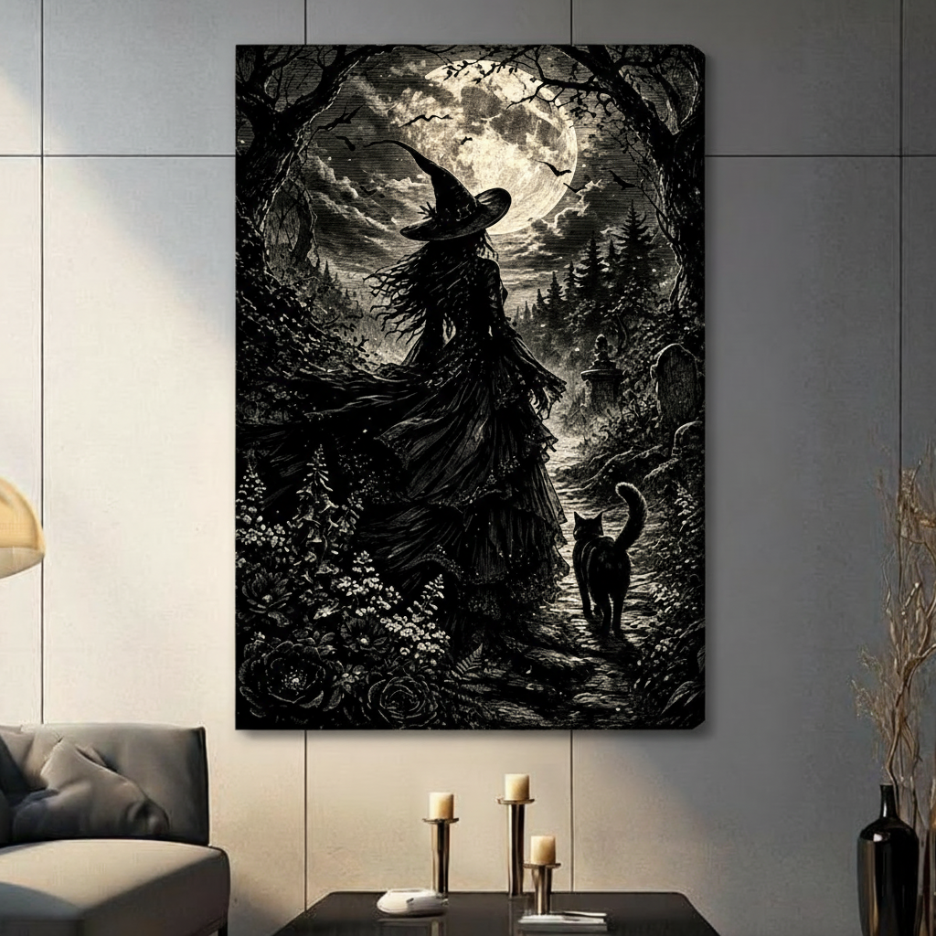 Dark gothic etching illustration of a witch in a wide-brimmed hat and flowing black cloak walking a forest path toward a glowing full moon with a black cat beside her surrounded by gnarled trees bats roses and a distant graveyard gothic wall art stretched canvas in living room with dark gray panel wall and dark sofa