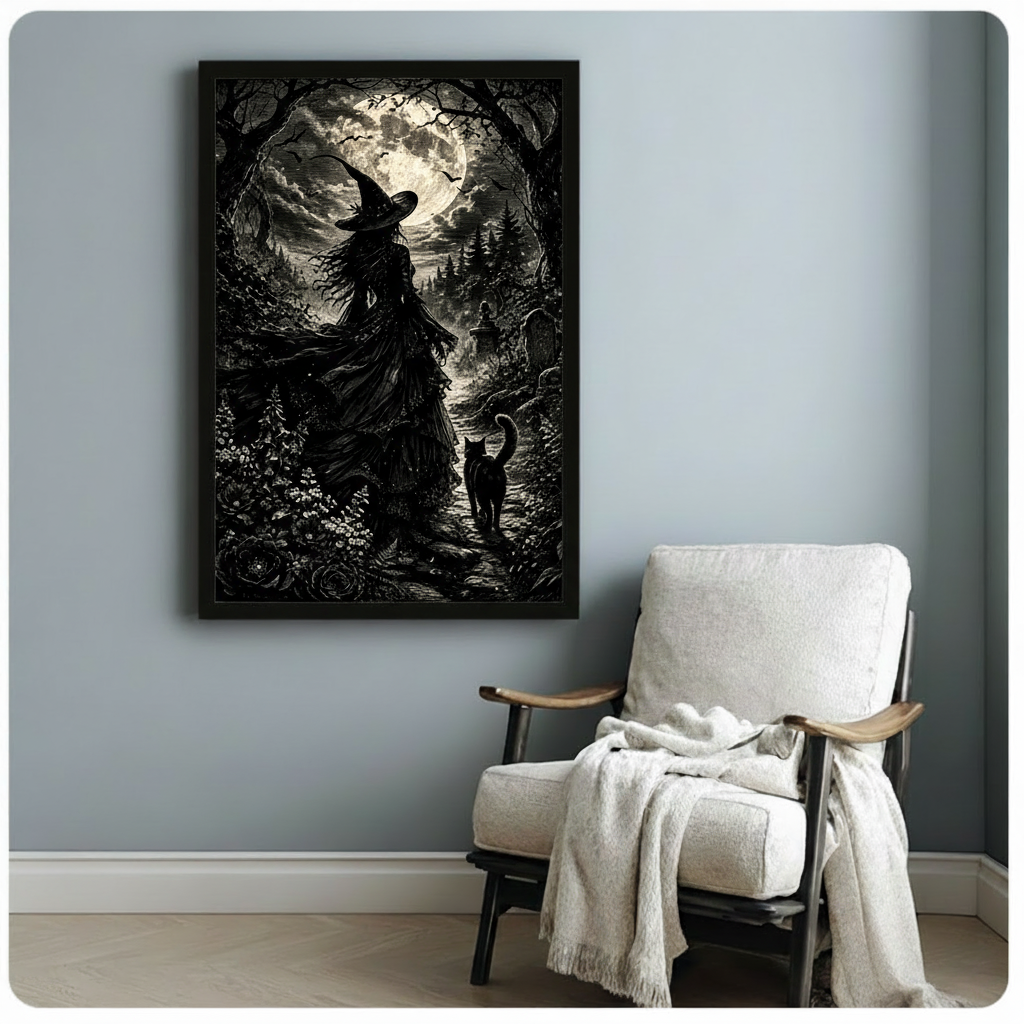 Dark gothic etching illustration of a witch in a wide-brimmed hat and flowing black cloak walking a forest path toward a glowing full moon with a black cat beside her surrounded by gnarled trees bats roses and a distant graveyard gothic wall art framed print beside white wood armchair on blue-gray wall