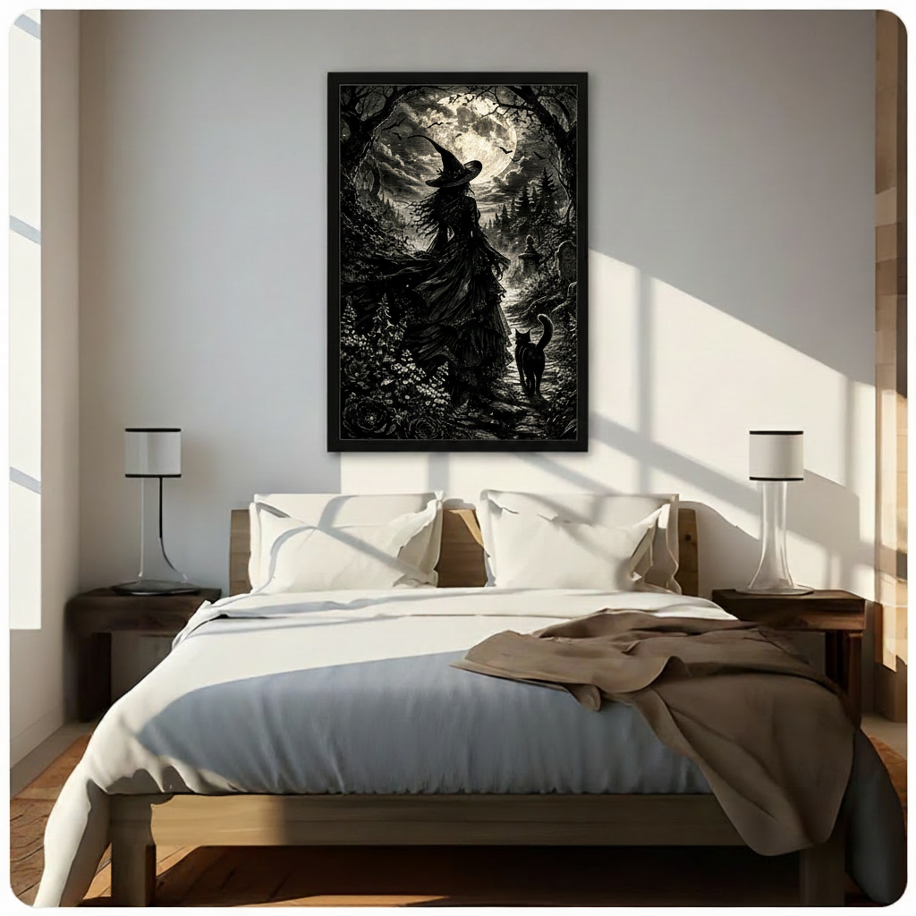 Dark gothic etching illustration of a witch in a wide-brimmed hat and flowing black cloak walking a forest path toward a glowing full moon with a black cat beside her surrounded by gnarled trees bats roses and a distant graveyard gothic wall art framed print above bedroom with white bedding and dark wood bedside tables