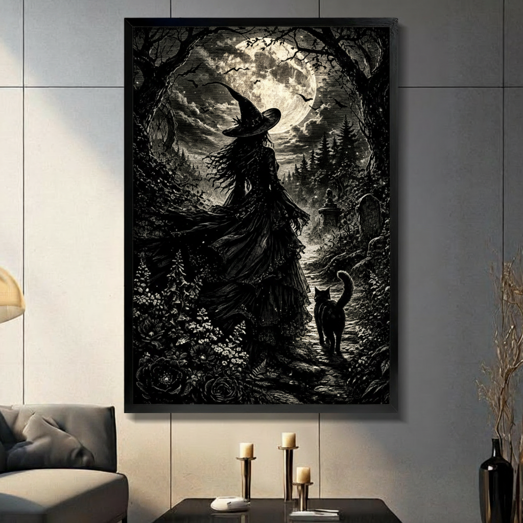 Dark gothic etching illustration of a witch in a wide-brimmed hat and flowing black cloak walking a forest path toward a glowing full moon with a black cat beside her surrounded by gnarled trees bats roses and a distant graveyard gothic wall art framed print in living room with dark gray panel wall and dark sofa