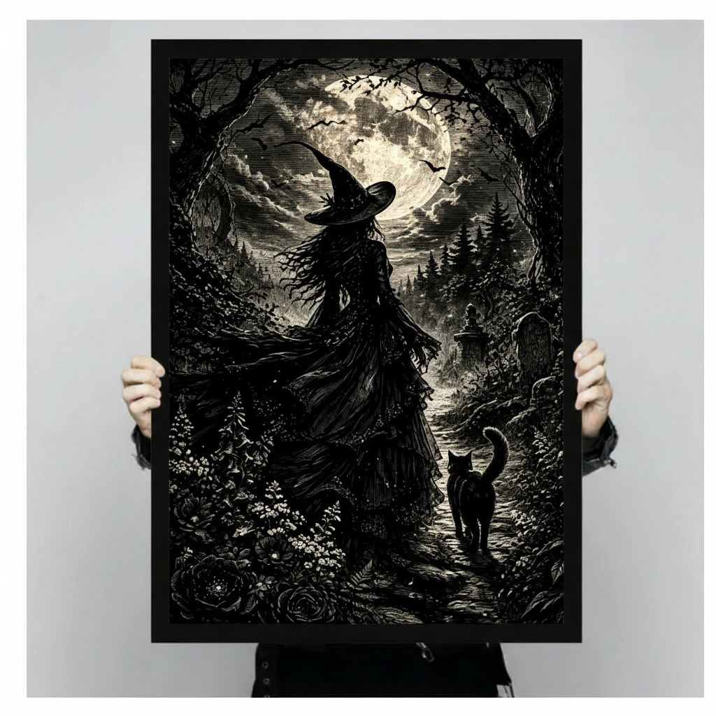 Dark gothic etching illustration of a witch in a wide-brimmed hat and flowing black cloak walking a forest path toward a glowing full moon with a black cat beside her surrounded by gnarled trees bats roses and a distant graveyard gothic wall art framed print held against light gray background
