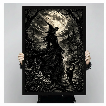 Dark gothic etching illustration of a witch in a wide-brimmed hat and flowing black cloak walking a forest path toward a glowing full moon with a black cat beside her surrounded by gnarled trees bats roses and a distant graveyard gothic wall art framed print held against light gray background