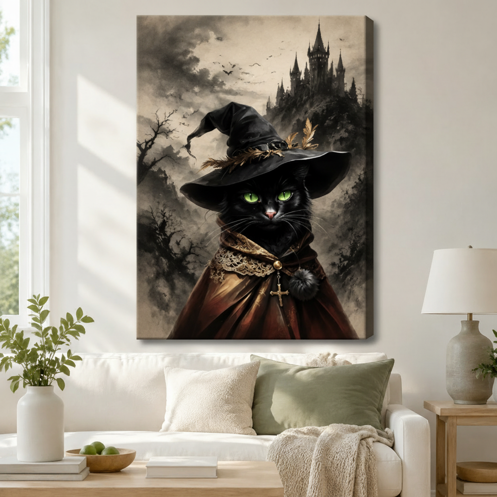 Gallery wrapped canvas print of a black witch cat wearing a wide-brim hat, hung above a white sofa in a bright Scandinavian living room