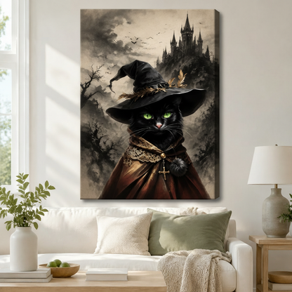 Gallery wrapped canvas print of a black witch cat wearing a wide-brim hat, hung above a white sofa in a bright Scandinavian living room