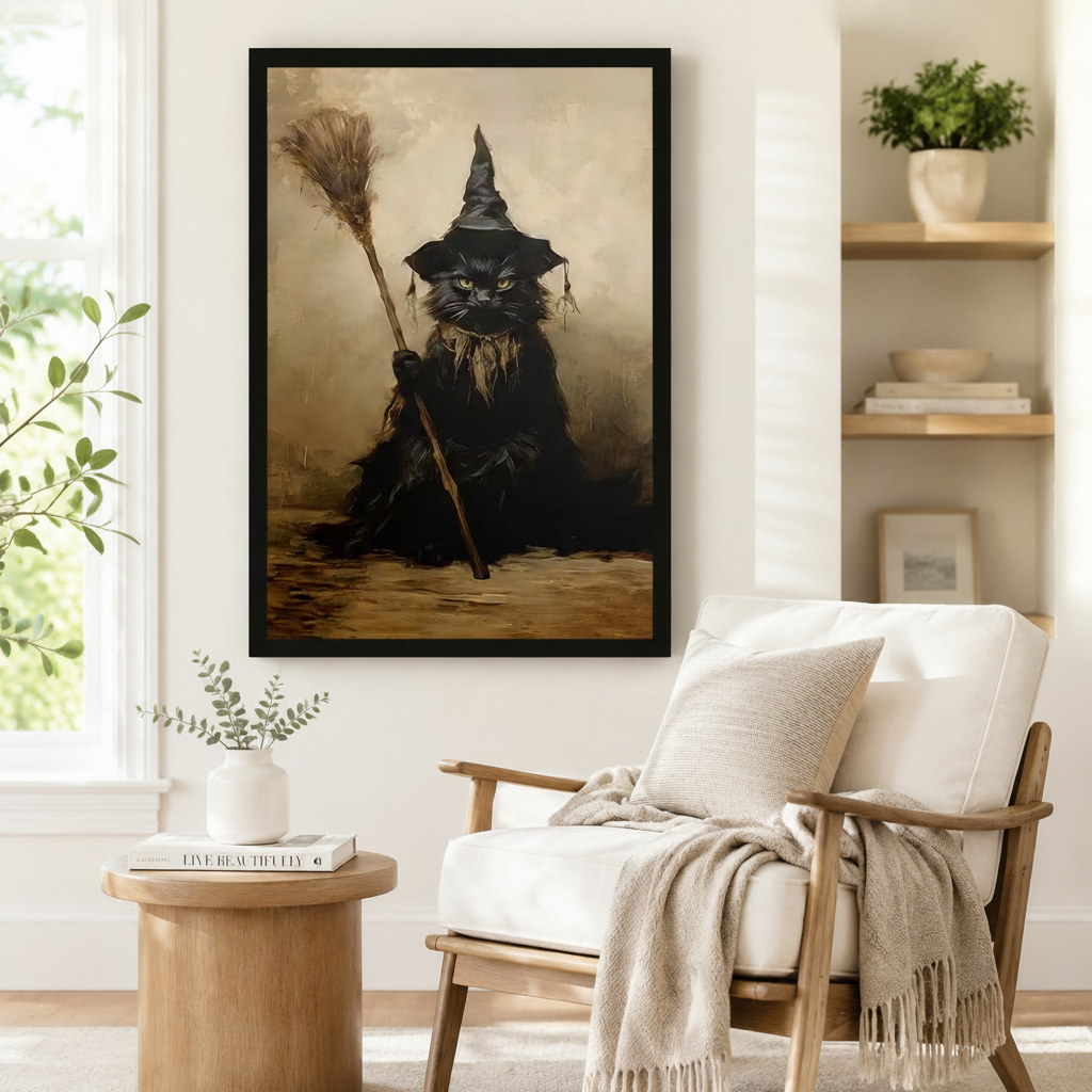 Vintage gothic framed art print of a fierce black cat witch holding a broomstick rendered in moody sepia and brown oil painting tones, styled beside a linen armchair in a cozy reading nook