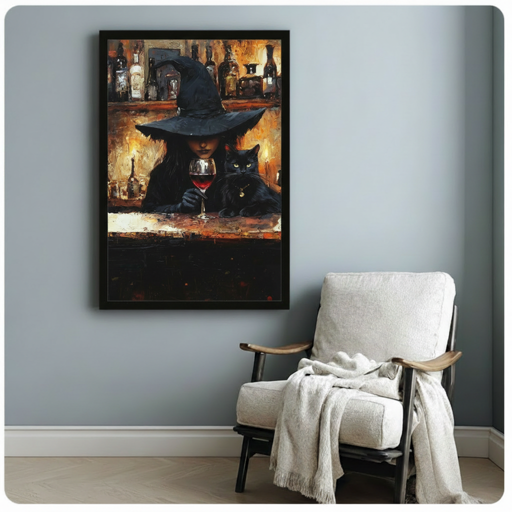 Framed gothic wall art print of a witch holding a wine glass with a black cat, oil painting style, displayed above an armchair on a light gray wall