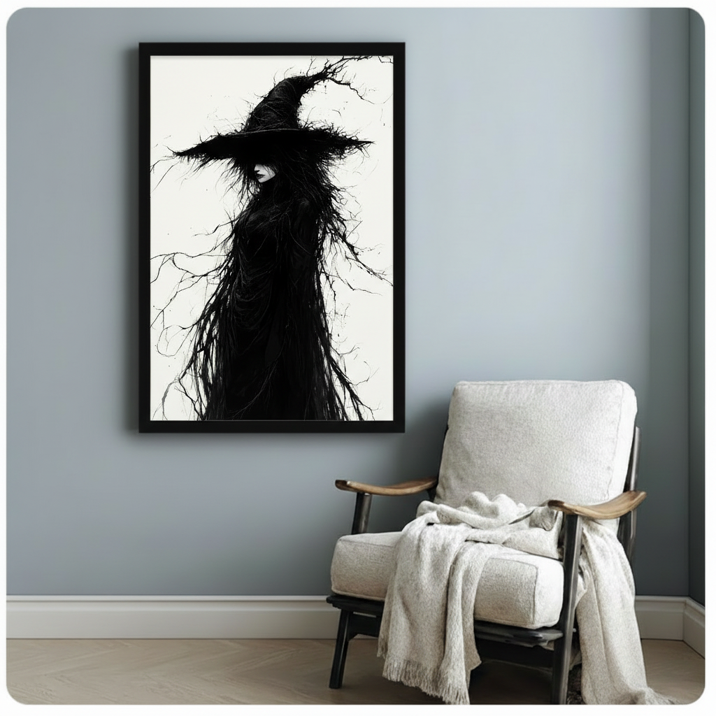 Black framed art poster of an ethereal gothic witch with tangled dark branches and a wide pointed hat, styled above a white linen armchair in a minimalist blue-gray room